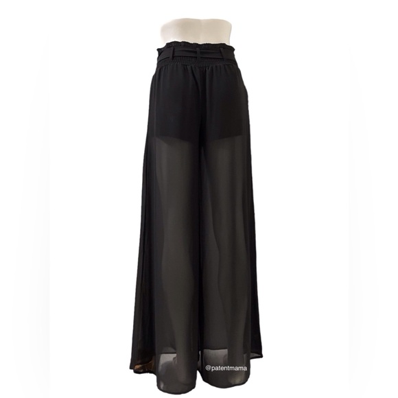 FULL LENGTH BLACK SHEER FLARE PANTS WITH SHORTS WOMENS - Picture 1 of 4